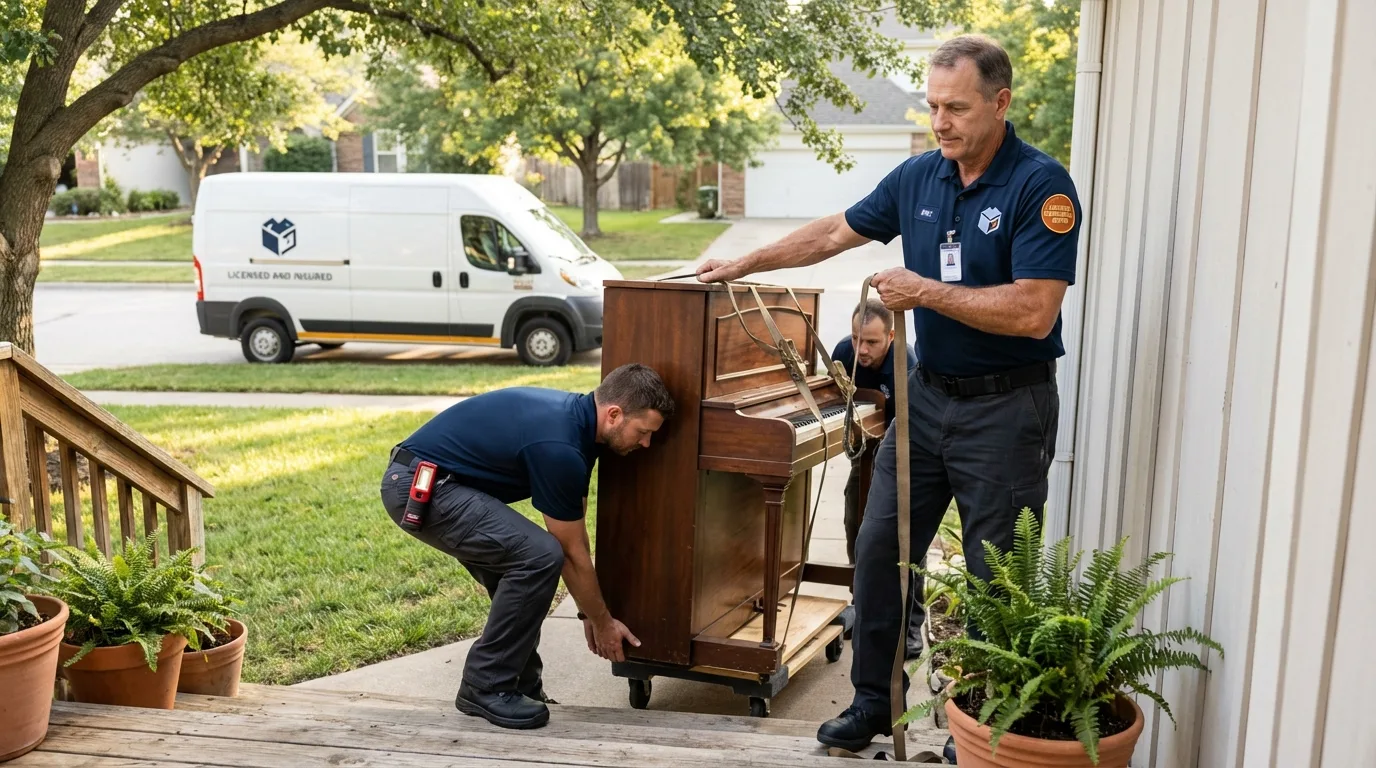 Licensed piano movers securing grand piano in Westport, WA