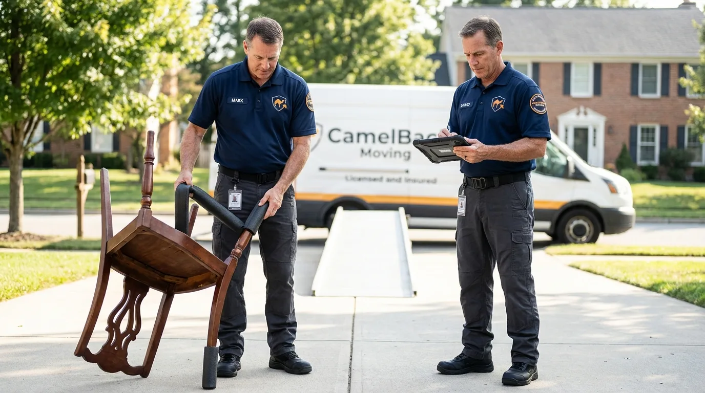 Movers inspecting furniture for damage prevention before loading in Westport, WA