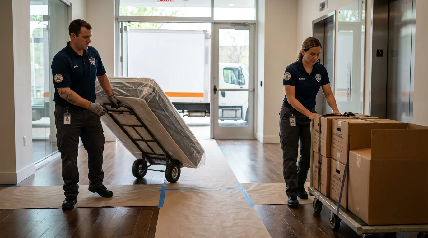 Professional apartment movers loading elevator in Westport, WA