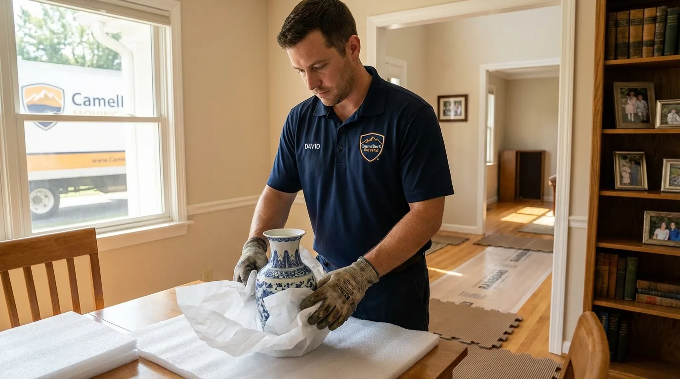 Professional crew carefully wrapping antique vase for senior downsizing move in Westport, WA